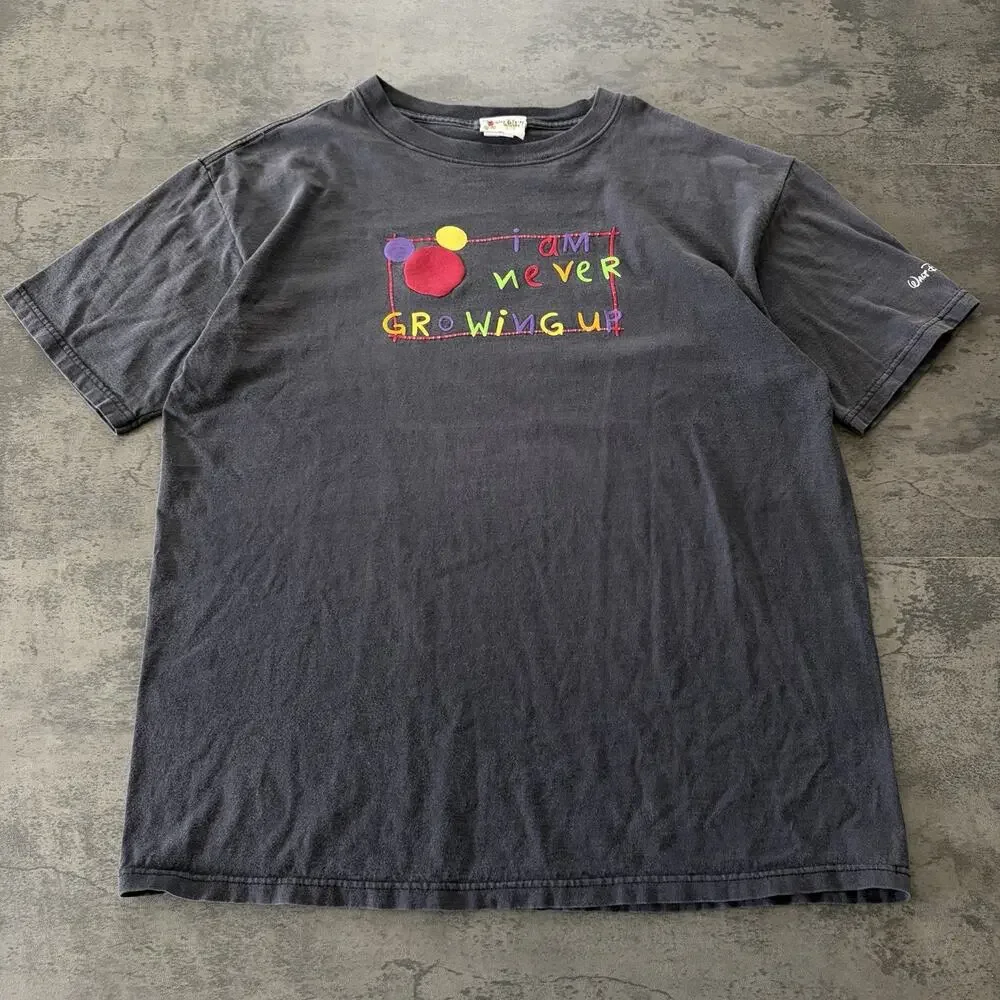 Vintage 90s Mickey Mouse Faded Black Shirt Mens L I Am Never Growing Up Tee